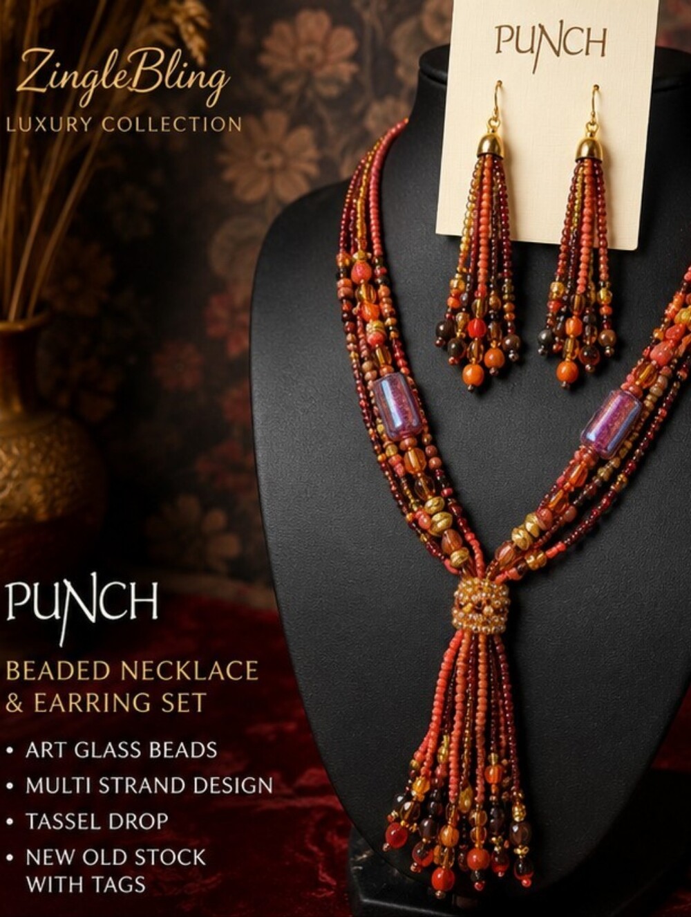 Punch Art Glass Beaded Multi Strand Tassel Necklace Earrings Set NOS